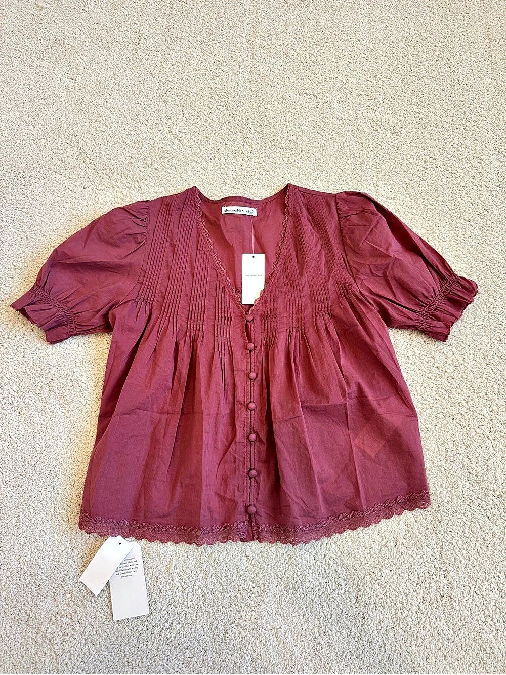 Abercrombie & Fitch 100% Cotton Lace-Trim Blouse in Cool Blush, XXS, NWT